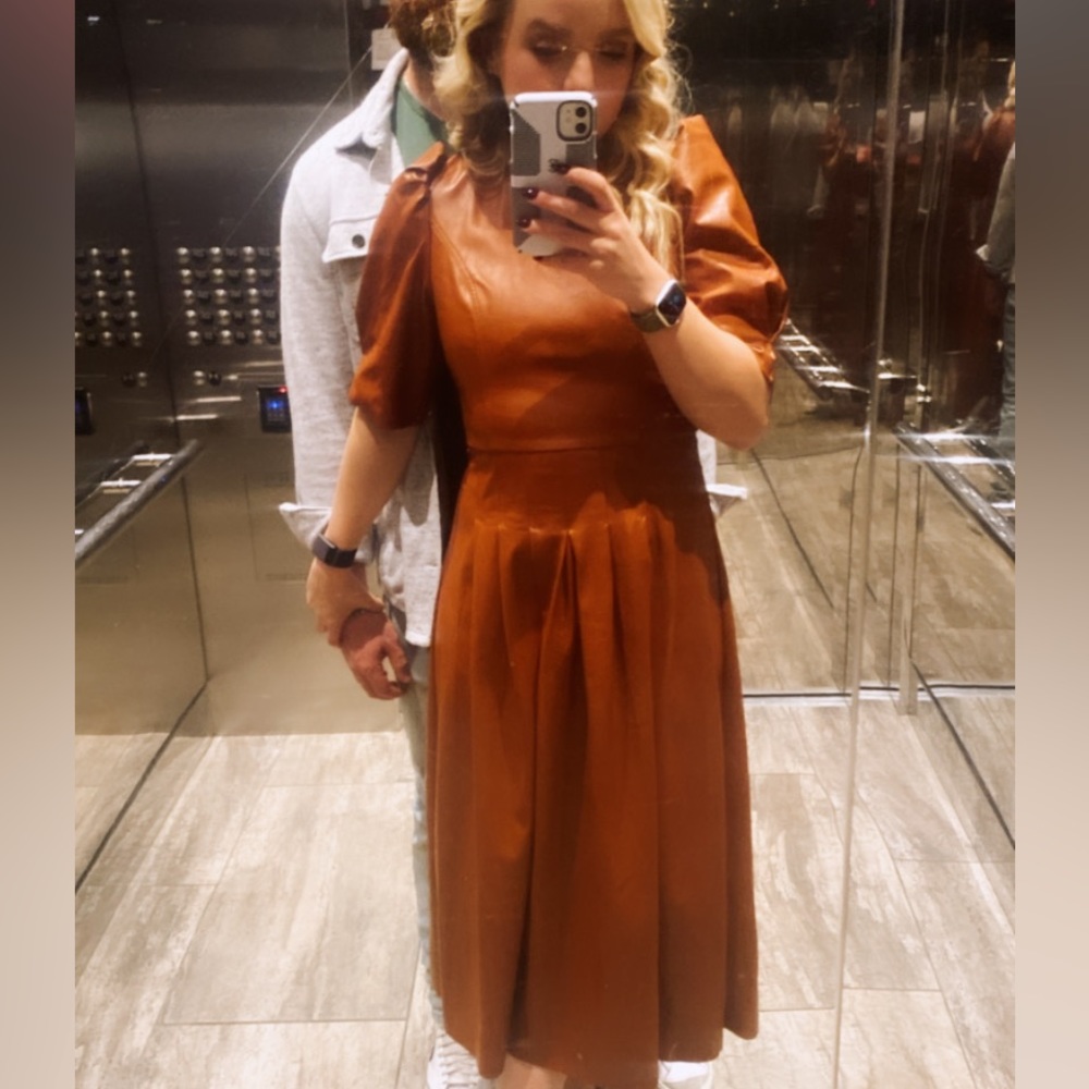 Camel Faux Leather Midi Dress